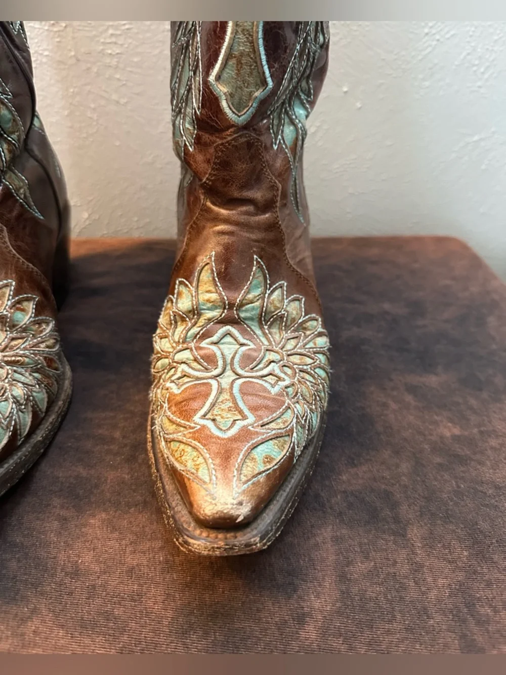 Rock N Soul Couture Embroidered Copper Leather Cowboy Boots Turquoise Accents - Picture 6 of 11